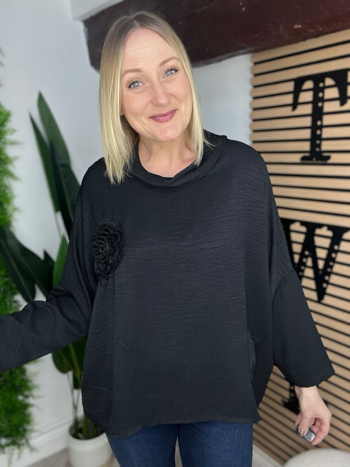 Appliqué & Cowl Neck Top - Blue