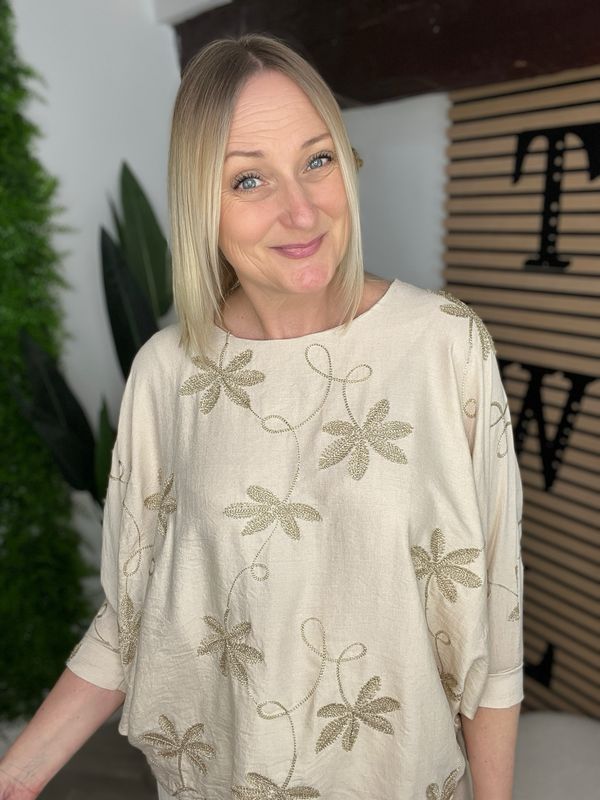 Gold Embroidered Top - Sand