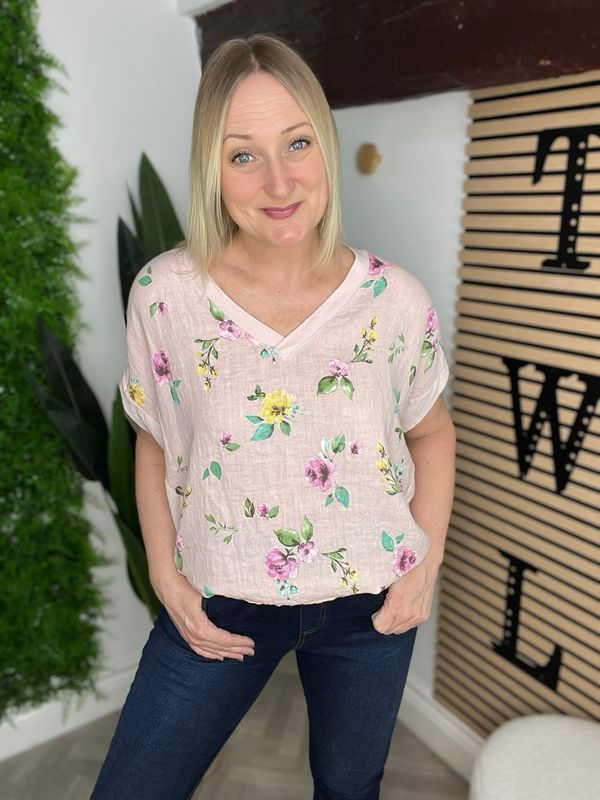 Floral Linen Blend Top - Pink
