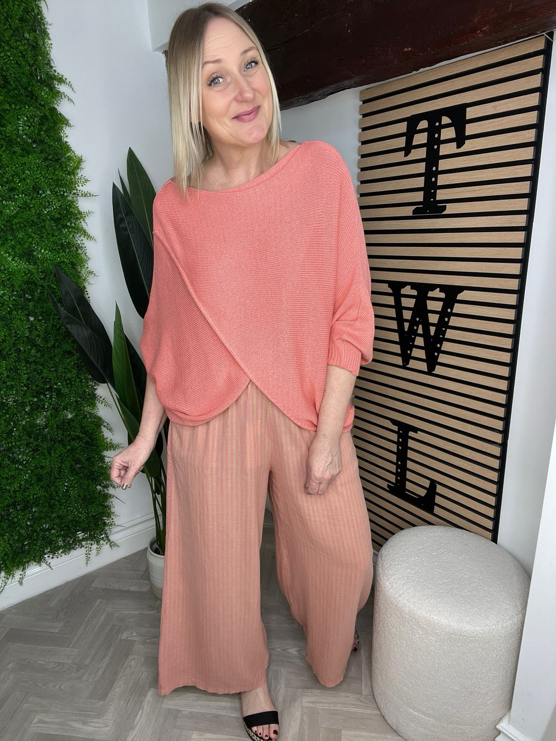 Striped Linen Wide Leg Trouser - Coral & Sand