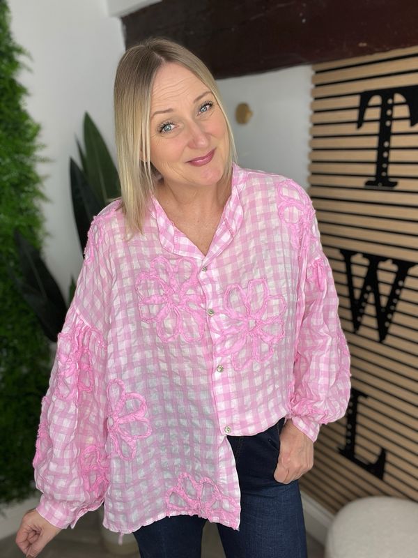 Gingham & Appliqué Shirt - Pink
