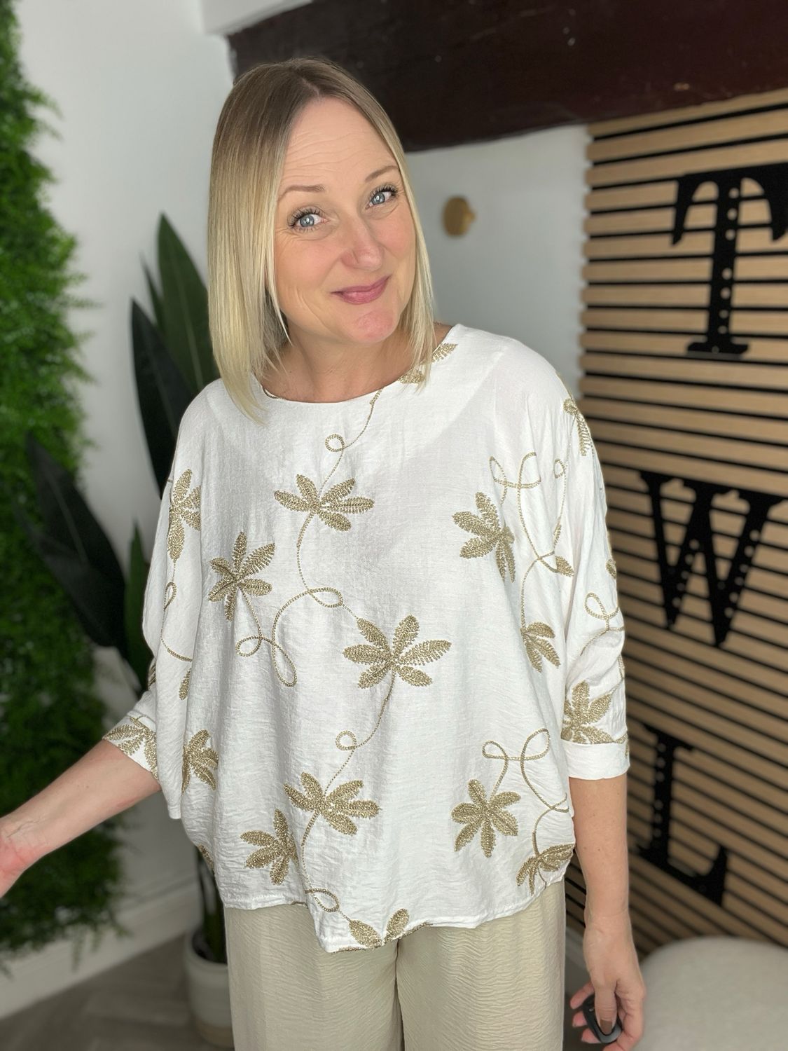 Gold Embroidered Top - Cream