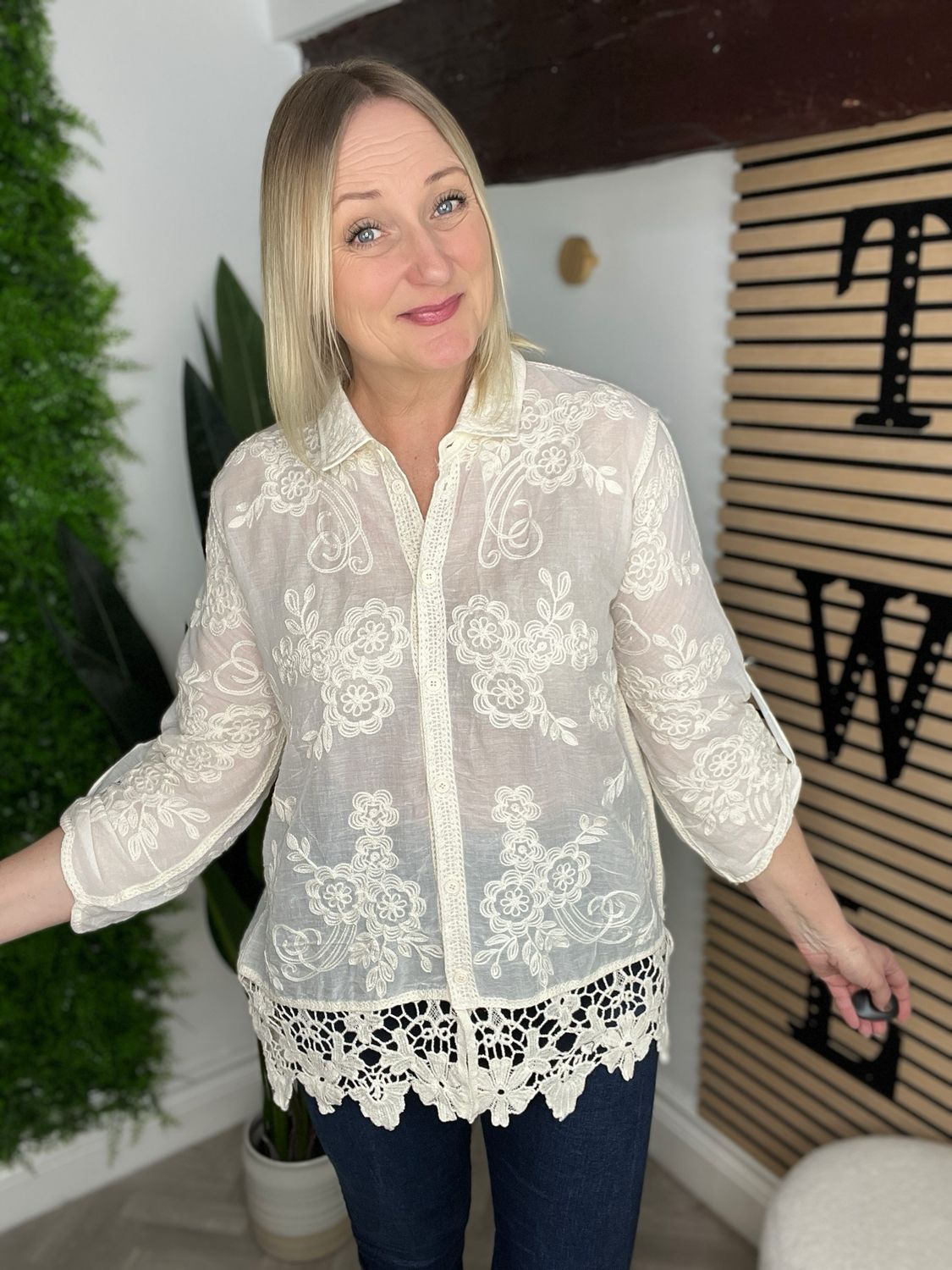 Crochet Hem Shirt - Ecru