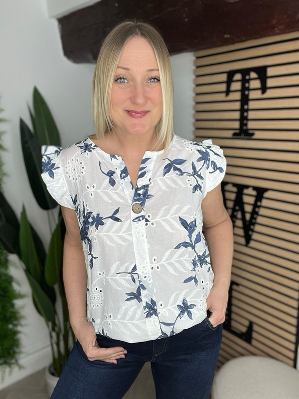 Broderie Anglaise Frill Sleeve Top - White & Navy