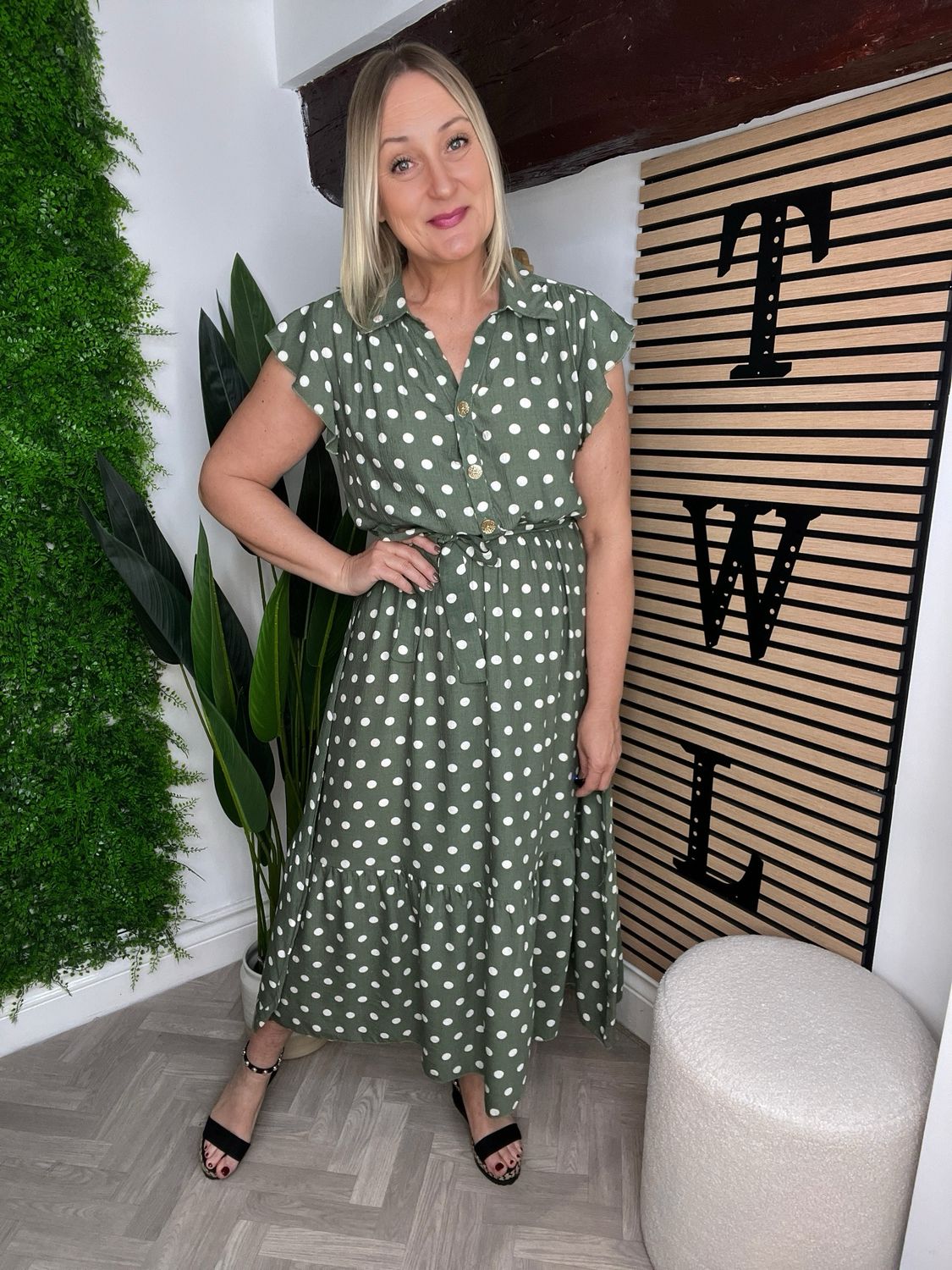 Polka Dot Summer Dress - Khaki & Ecru