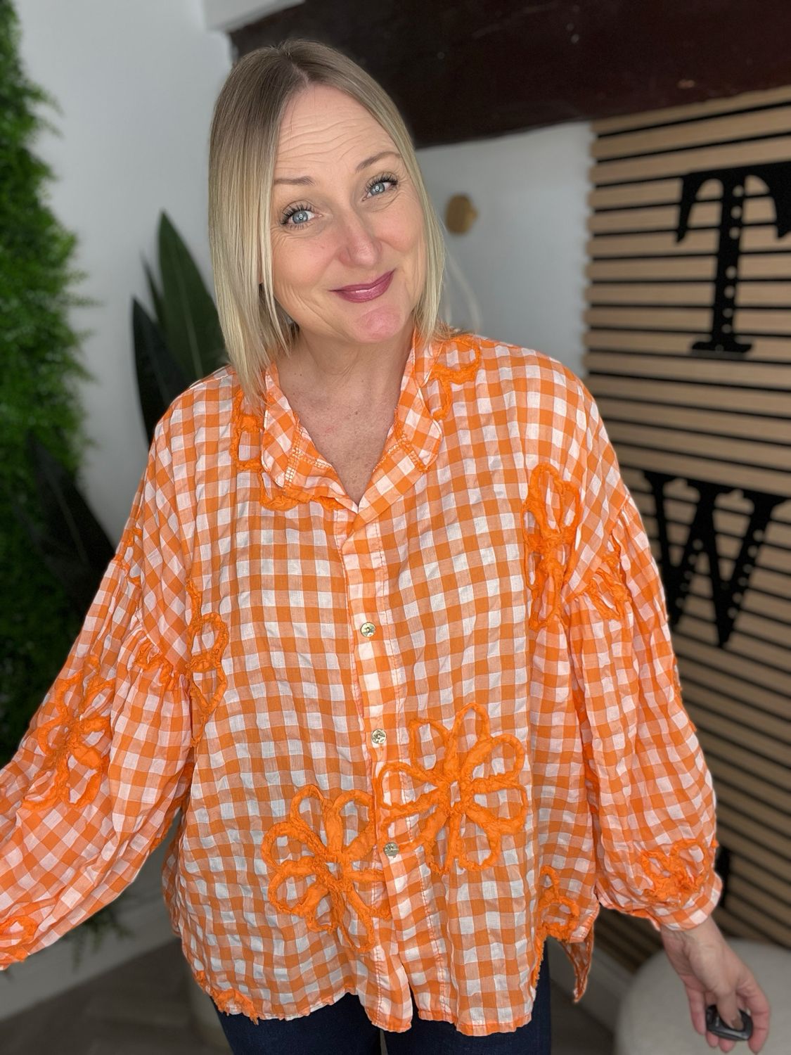 Gingham & Appliqué Shirt - Orange