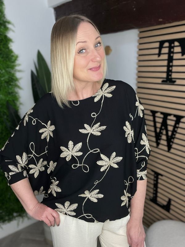 Gold Embroidered Top - Black