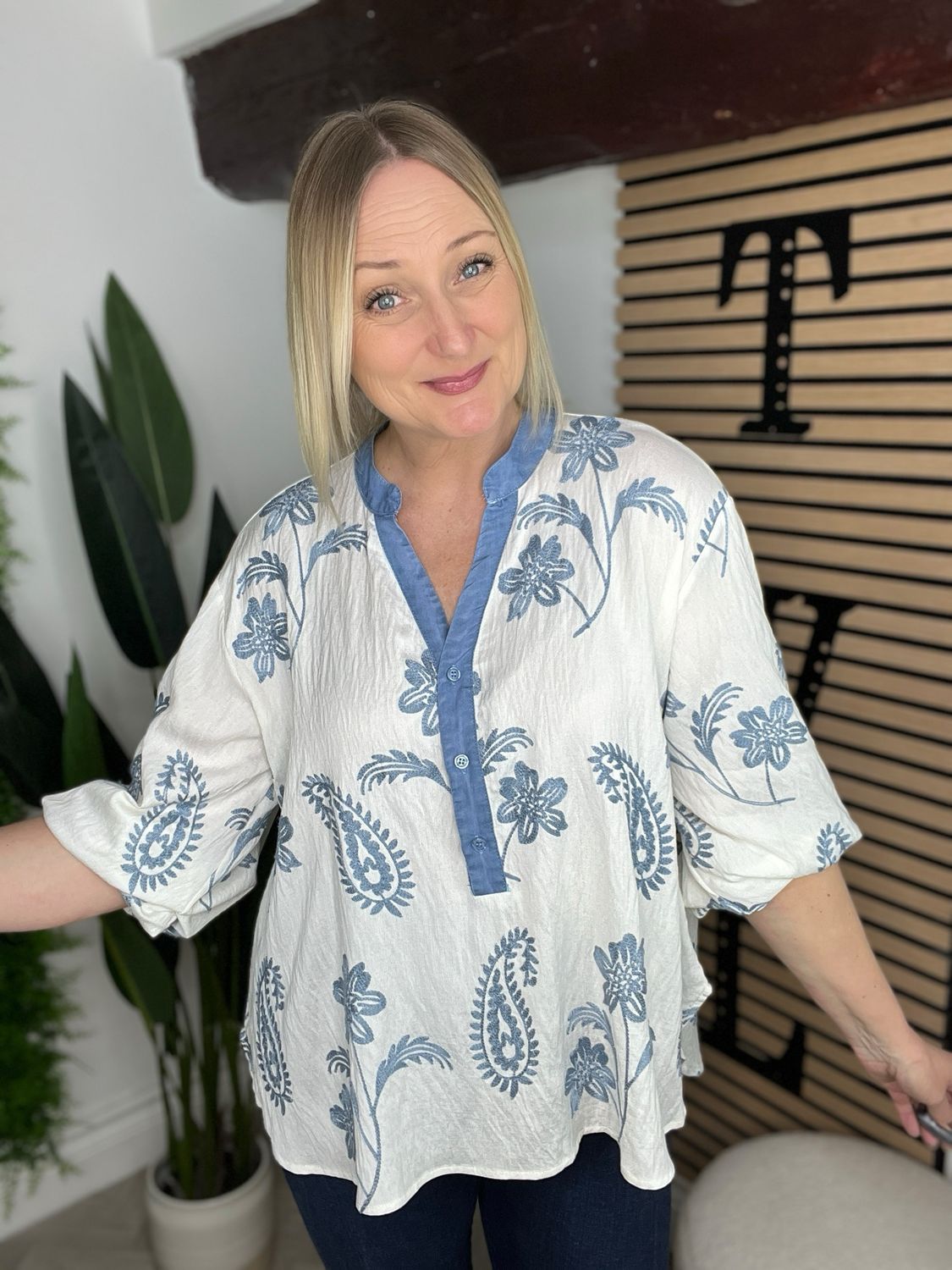 Embroidered Blouse - Cream & Blue