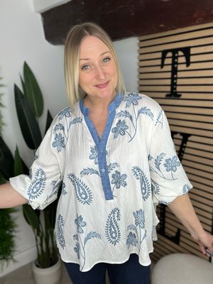 Embroidered Blouse - Cream & Blue