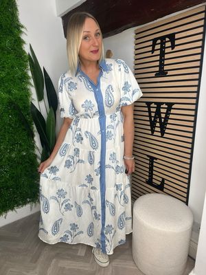 Embroidered Puff Sleeves Shirt Dress - Cream & Blue