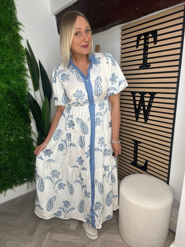 Embroidered Puff Sleeves Shirt Dress - Cream & Blue