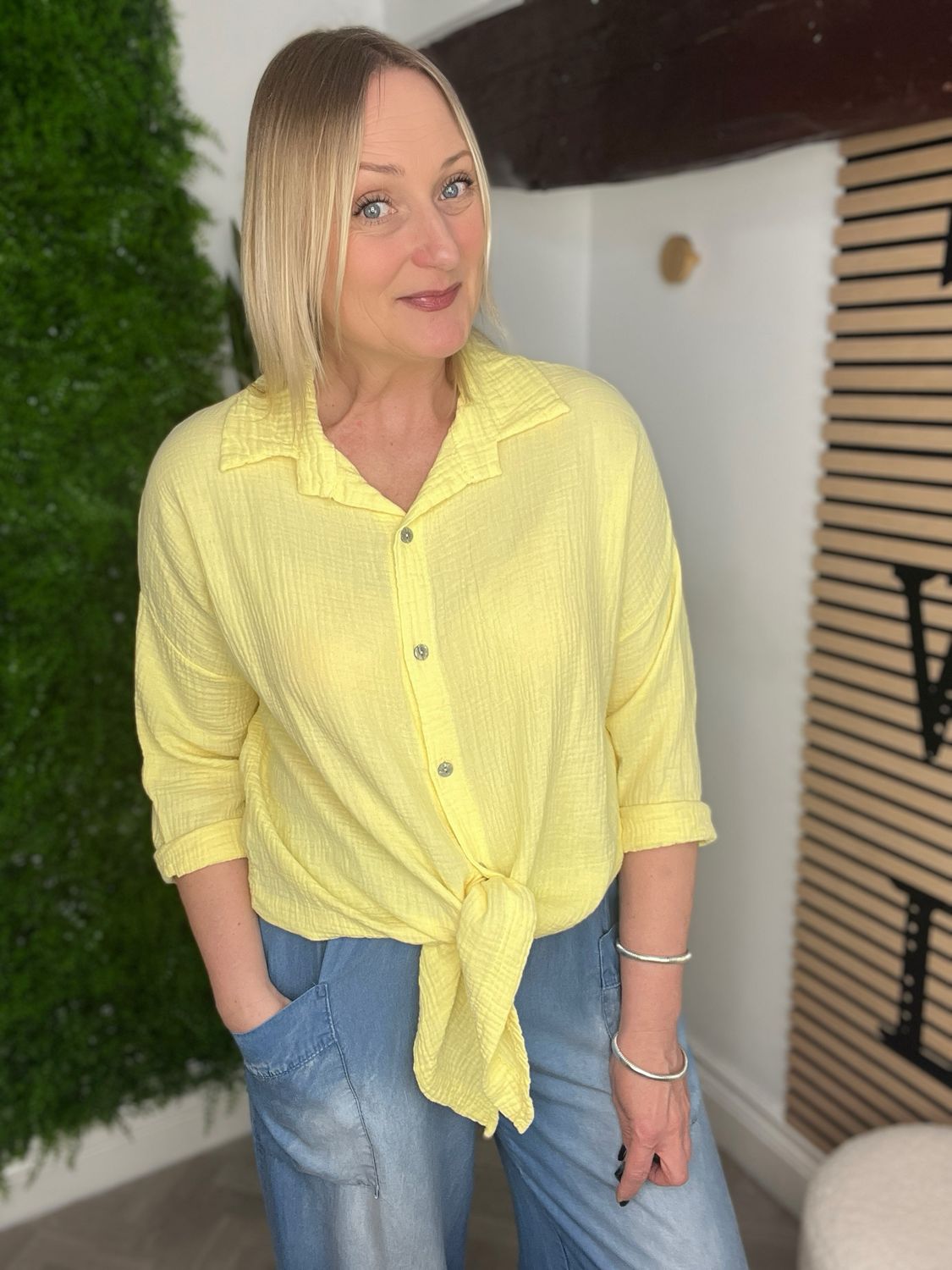 Tie Front Waffle Cotton Shirt - Lemon Tie Front Waffle Cotton Shirt - Lemon