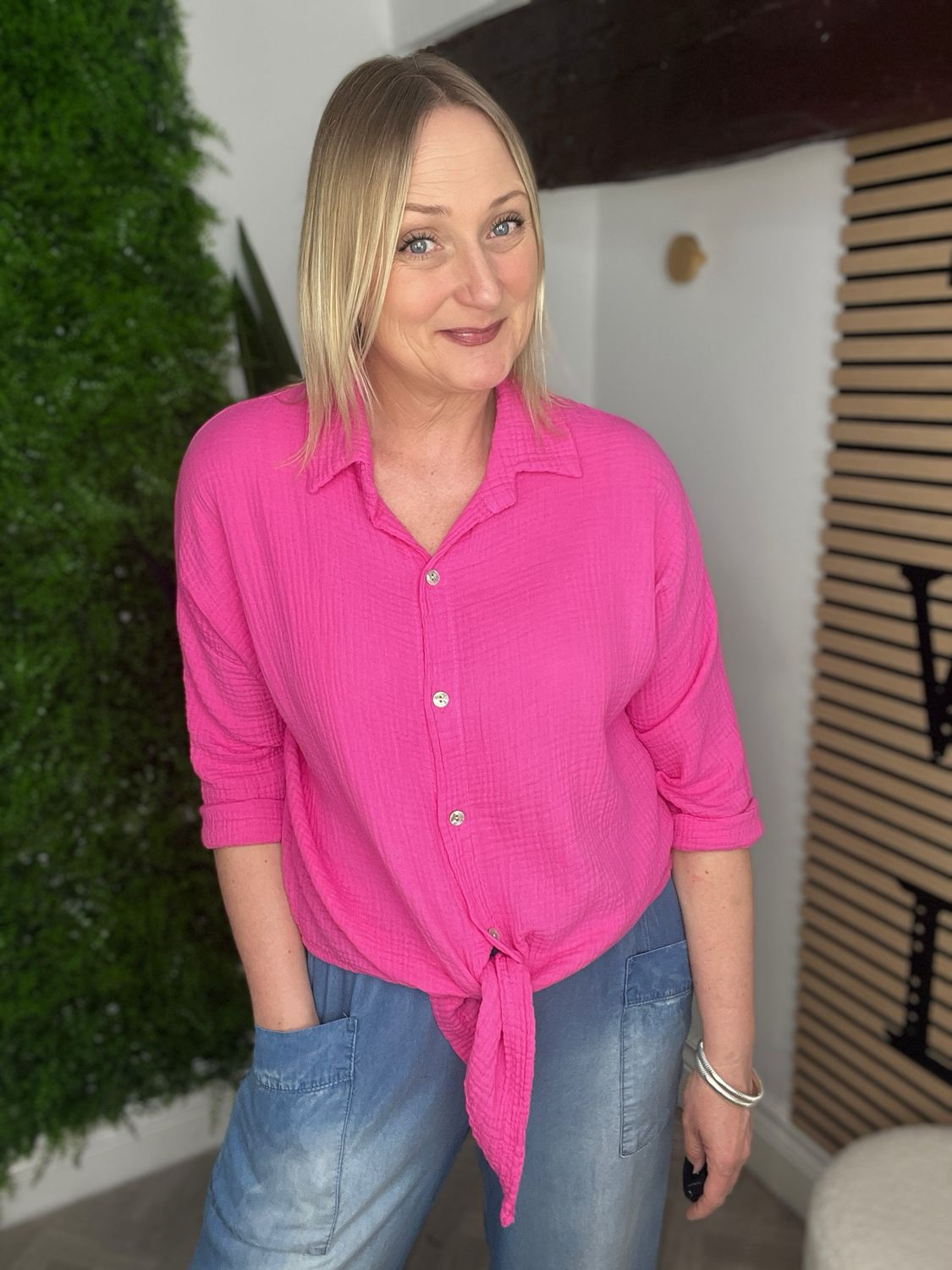 Tie Front Waffle Cotton Shirt - Hot Pink Tie Front Waffle Cotton Shirt - Hot Pink