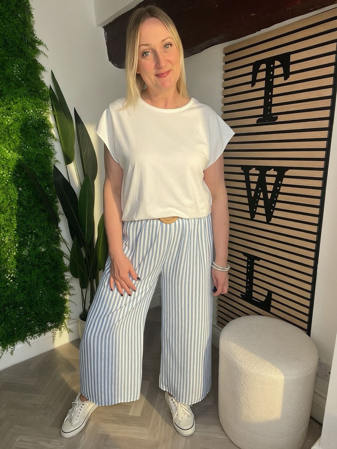 Striped Wide Leg Cotton Trouser - Light Blue