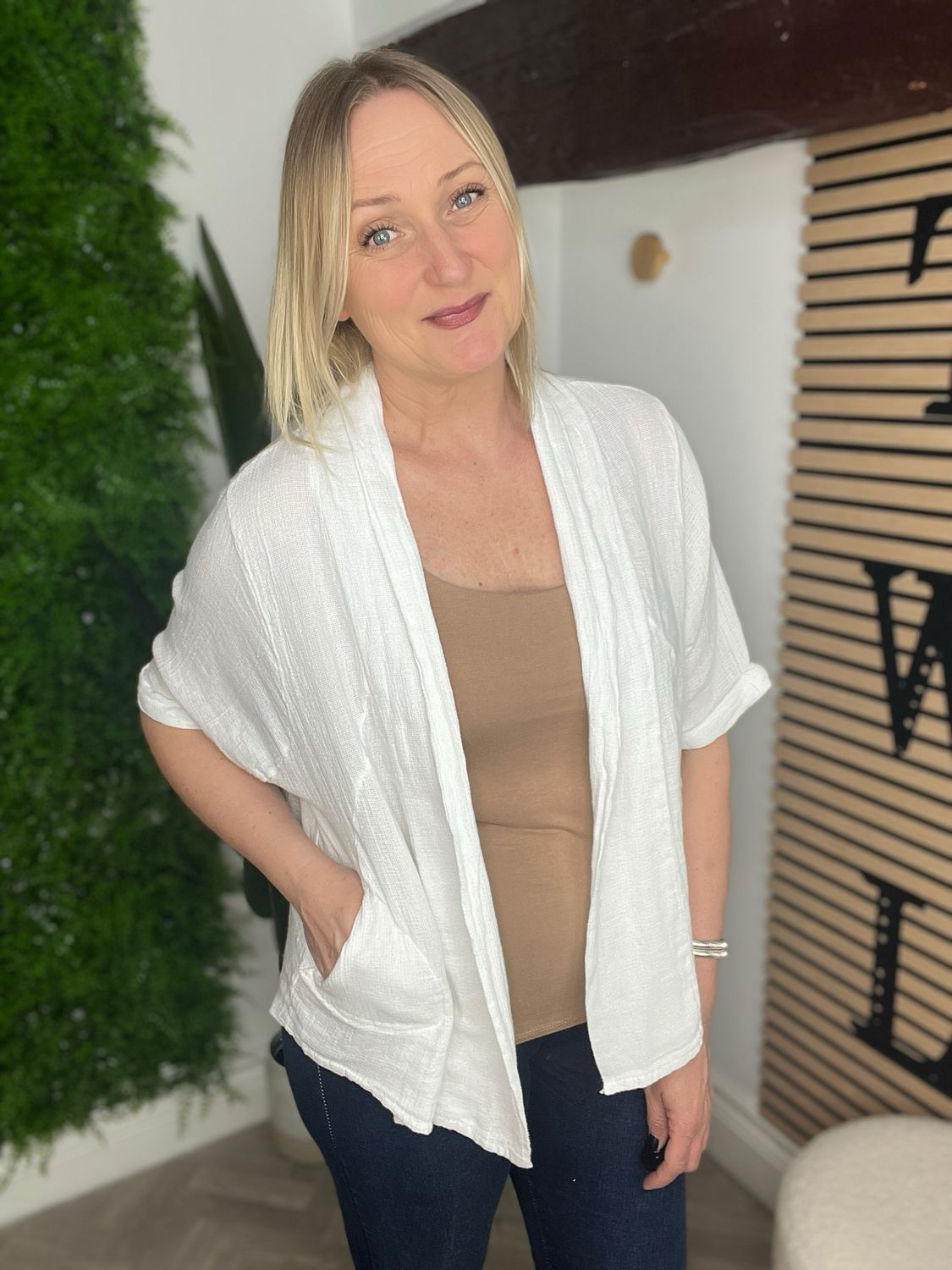 Linen Blend Edge To Edge Throw On - White