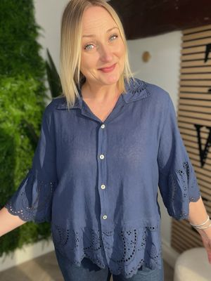 Broderie Anglaise Short Sleeve Shirt - Navy