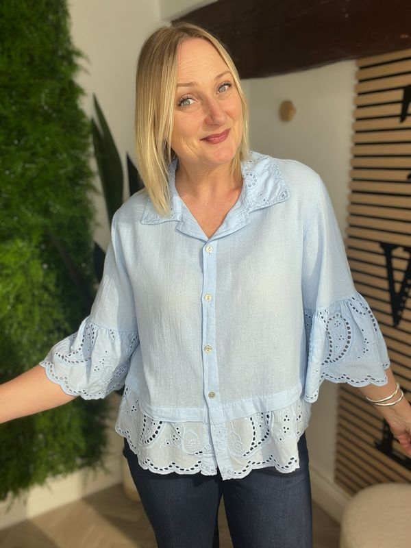 Broderie Anglaise Short Sleeve Shirt - Light Blue