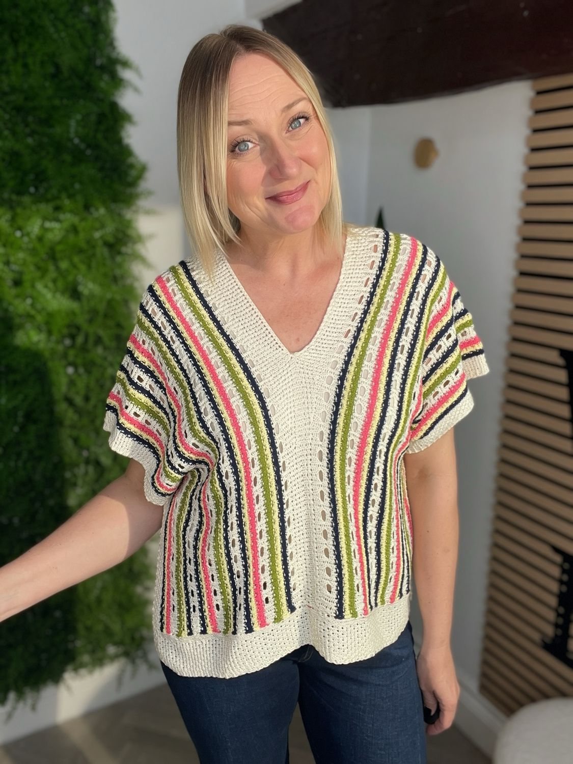 Crochet Poncho Style Top - Green & Pink MIX