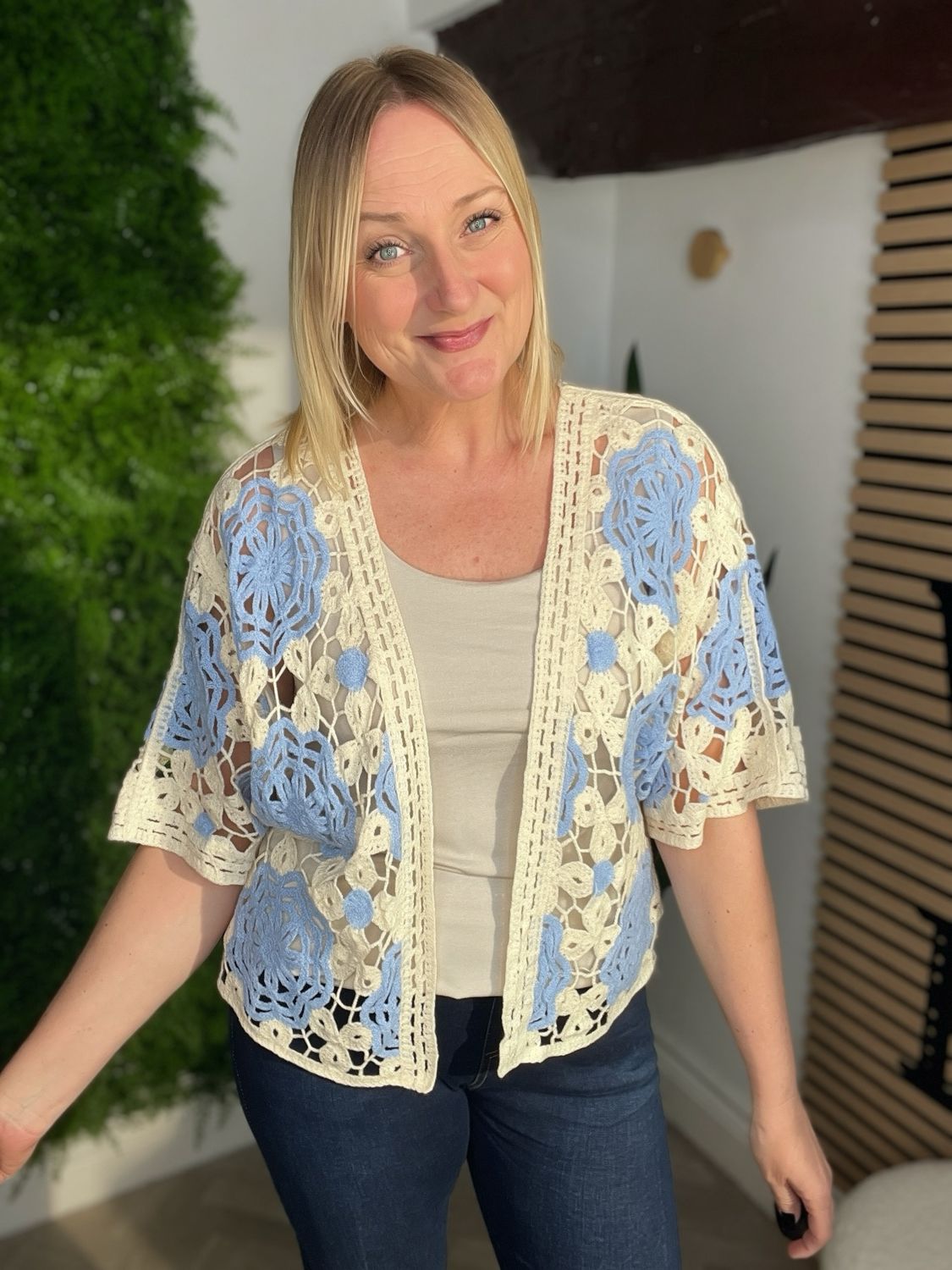 Edge To Edge Crochet Jacket - Light Blue & Cream