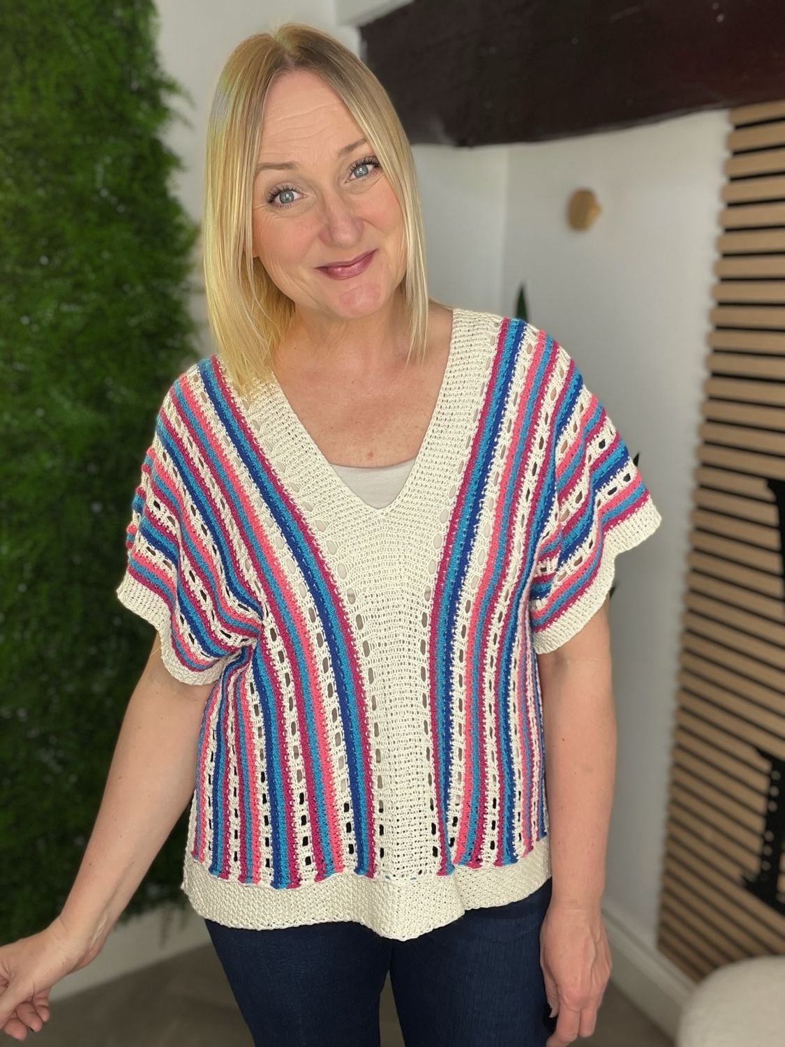 Crochet Poncho Style Top - Blue & Pink MIX