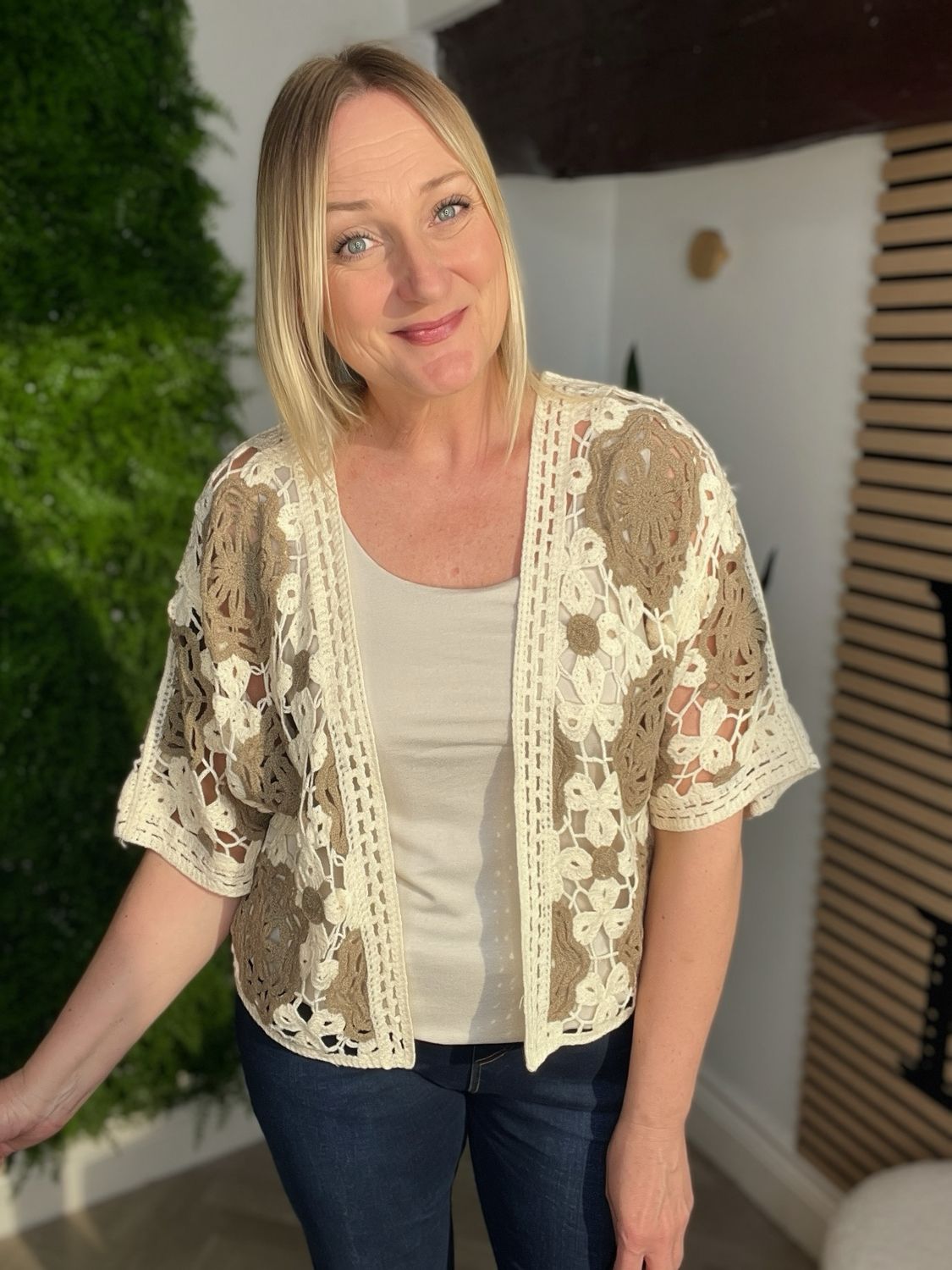 Edge To Edge Crochet Jacket - Taupe & Cream