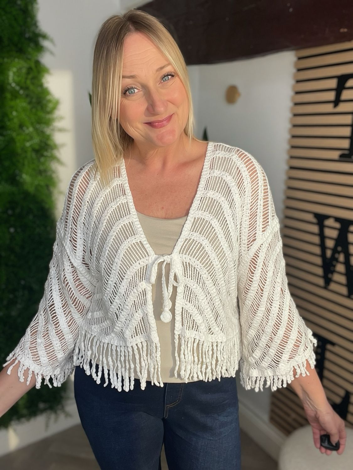 Tie Front Knit Jacket With Fringe Detail - White