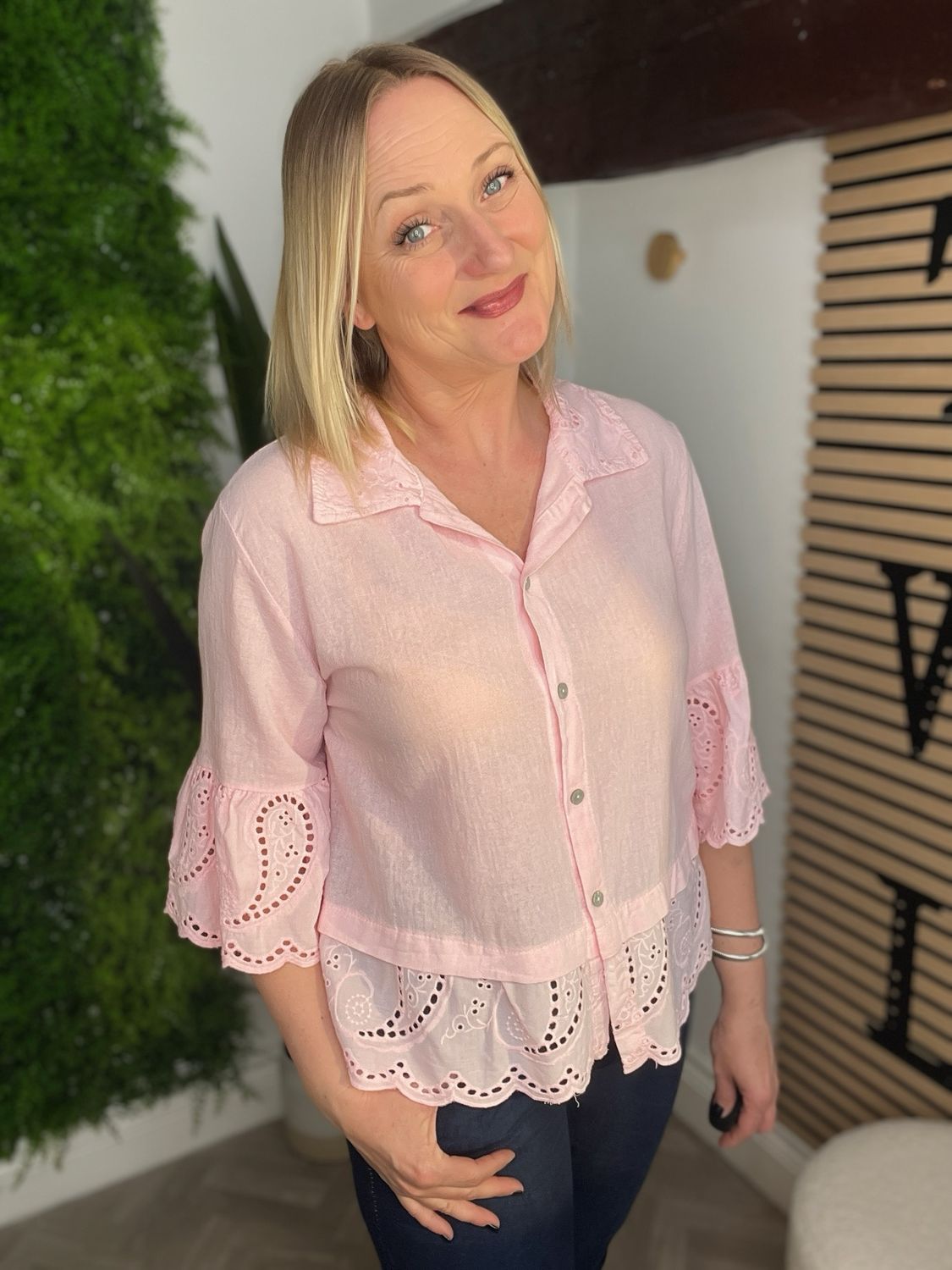 Broderie Anglaise Short Sleeve Shirt - Rose