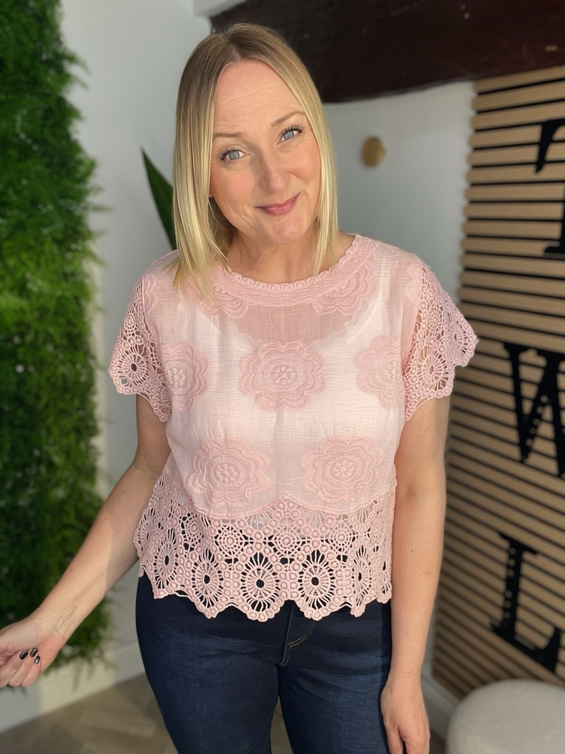 Embroidered & Crochet Top - Pink