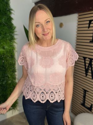 Embroidered & Crochet Top - Pink