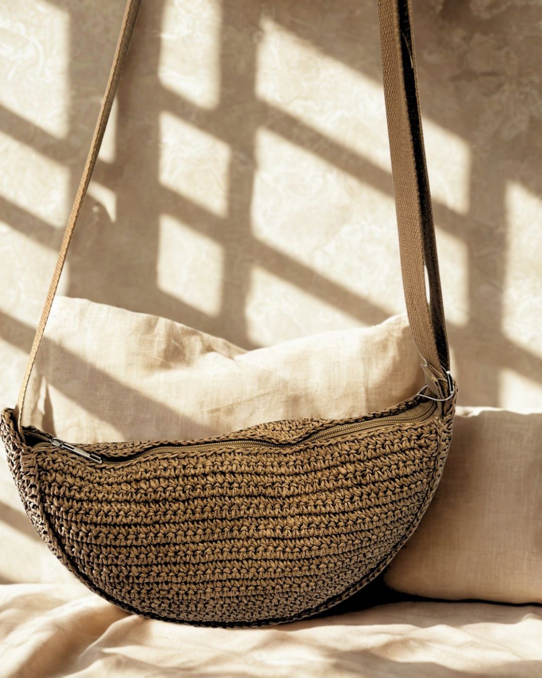 Basket Weave Half Moon Bag - Camel