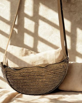 Basket Weave Half Moon Bag - Camel