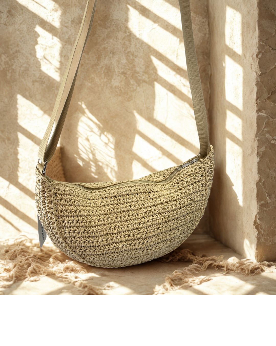 Basket Weave Half Moon Bag - Cream