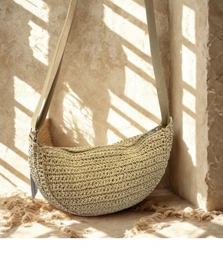 Basket Weave Half Moon Bag - Cream