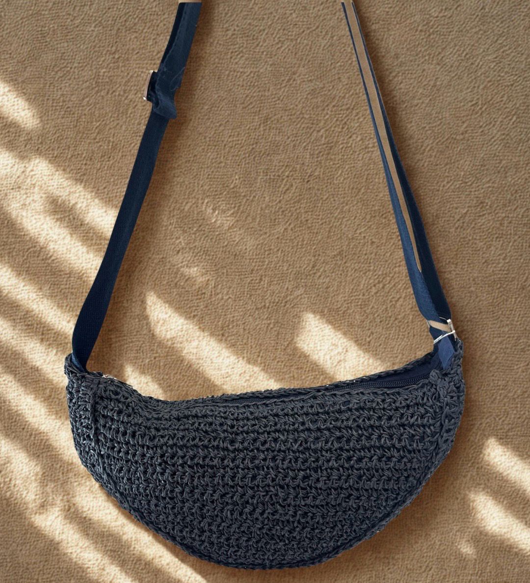 Basket Weave Half Moon Bag - Navy