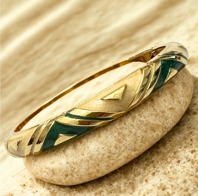 Gold Cuff With Spring Opening - Cream & Green