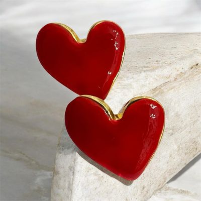 Enamel Heart Stud Earring - Red & Gold ( No Return )