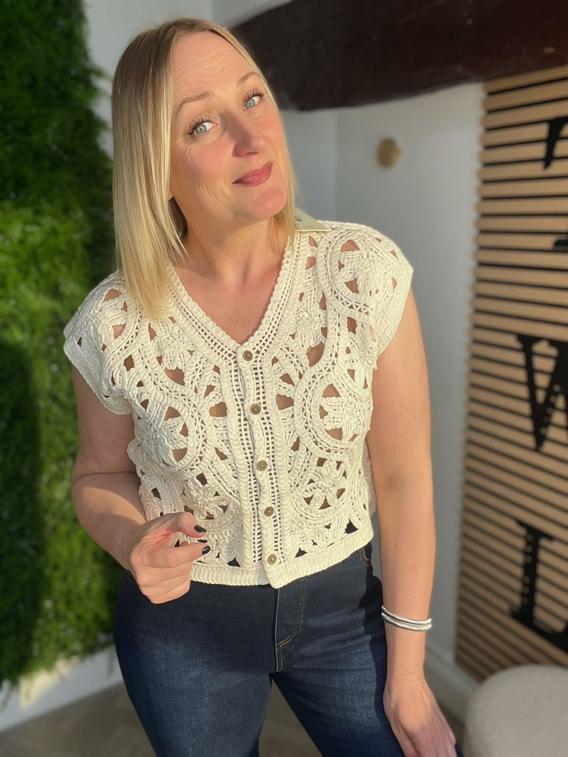 Crochet Sleeveless Cardigan - Ecru