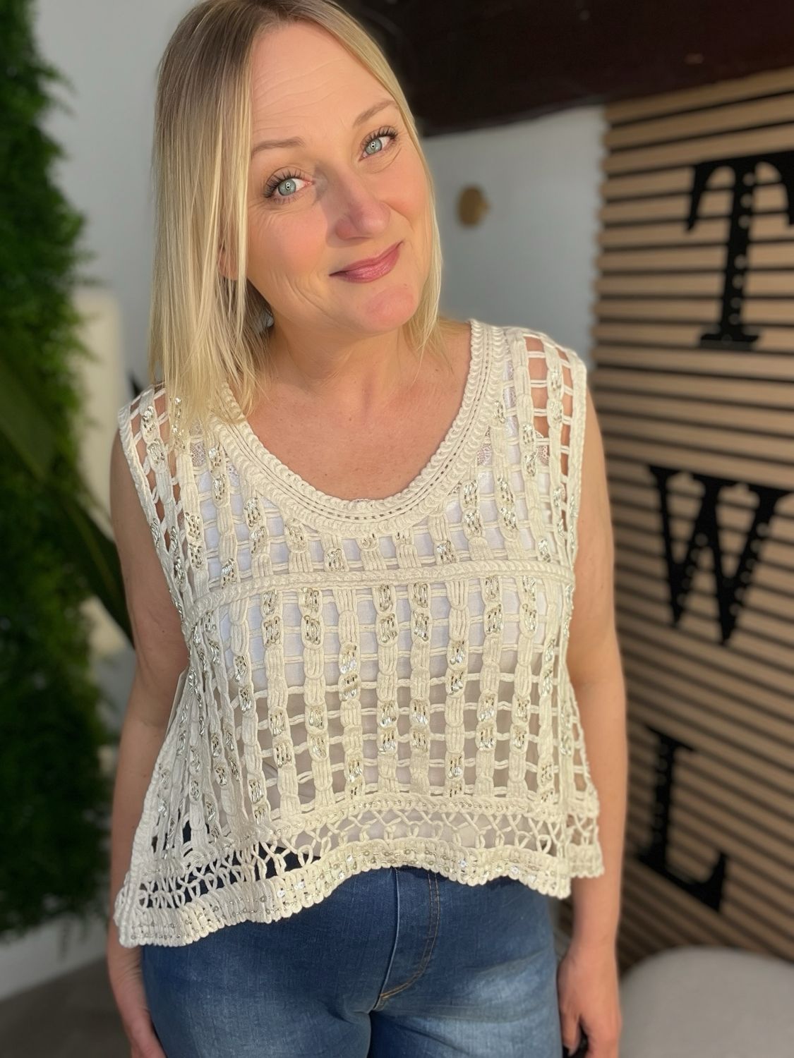 Overlay Crochet Top Sleeveless - Ecru