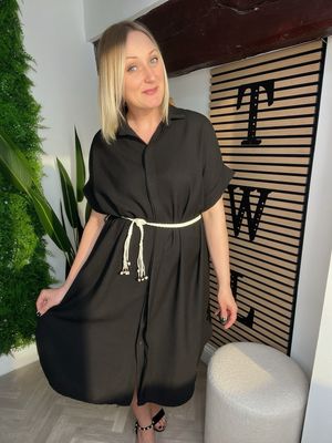 Shirt Dress With Rope Belt - Black
