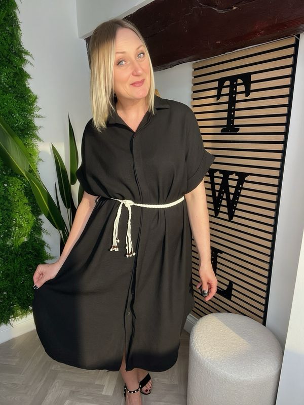 Shirt Dress With Rope Belt - Black