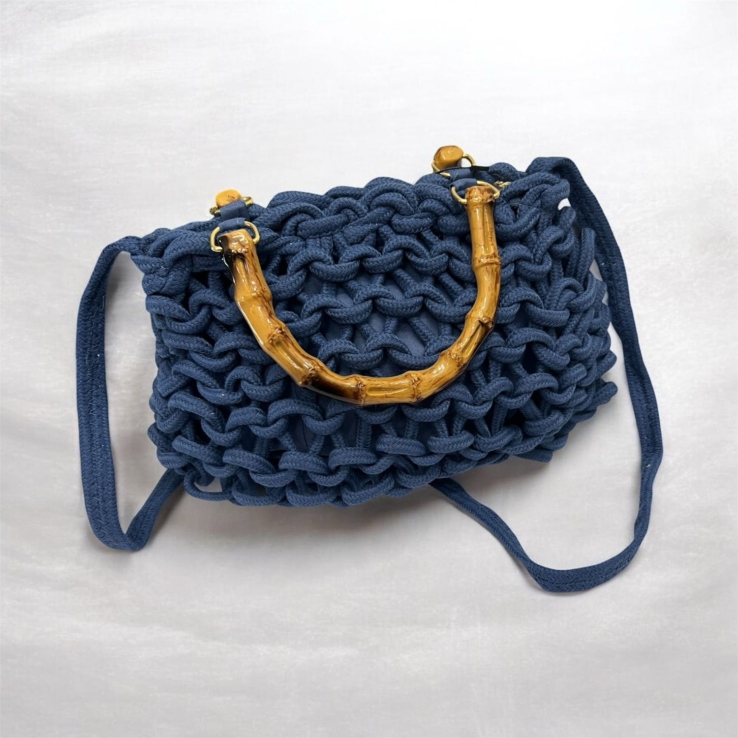 Large Loop Knitted Bag Bamboo Style Handle - Blue