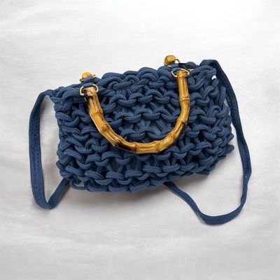 Large Loop Knitted Bag Bamboo Style Handle - Blue