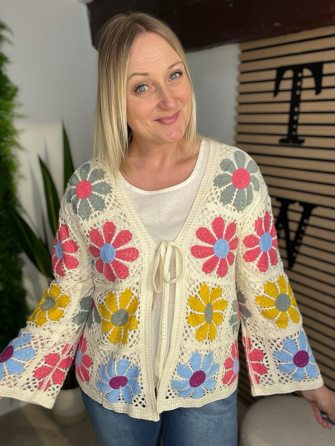 Crochet Tie Front Jacket - Ecru & Multi
