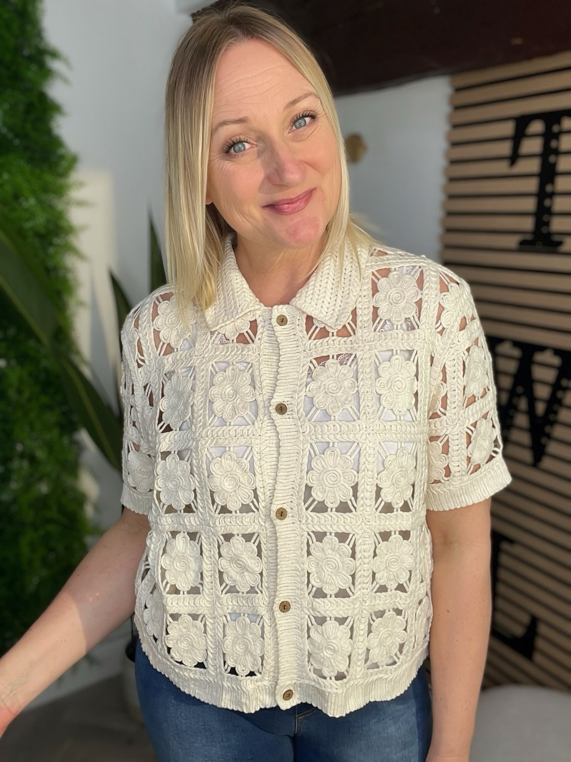 Box Fit Crochet Button Jacket - Ecru
