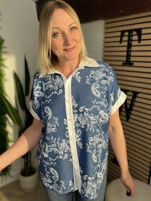 Capped Sleeve Denim Style Shirt - White Paisley