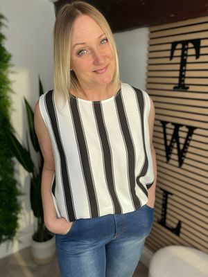 Button Back Sleeveless Top - White & Black
