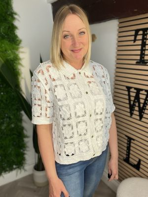 Box Fit Crochet Button Jacket - White