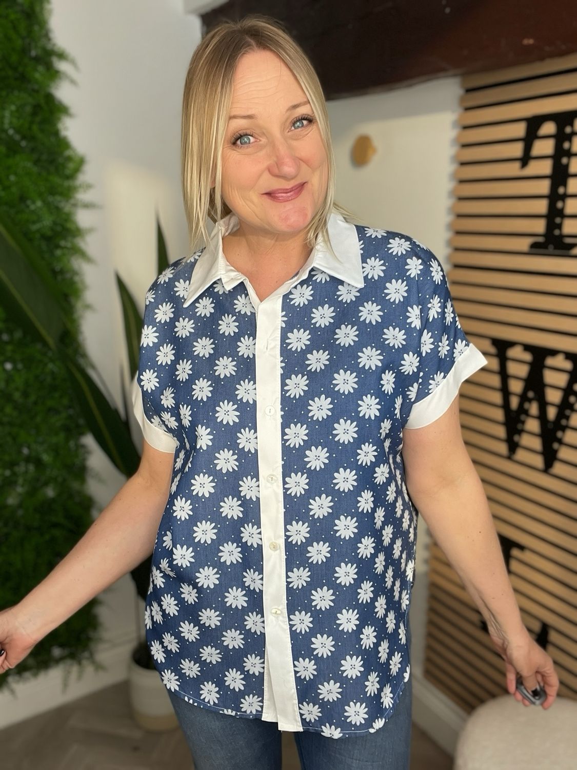 Capped Sleeve Denim Style Shirt - White Daisy