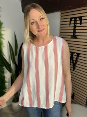 Button Back Sleeveless Top - White & Pink