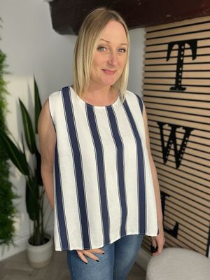 Button Back Sleeveless Top - White & Navy